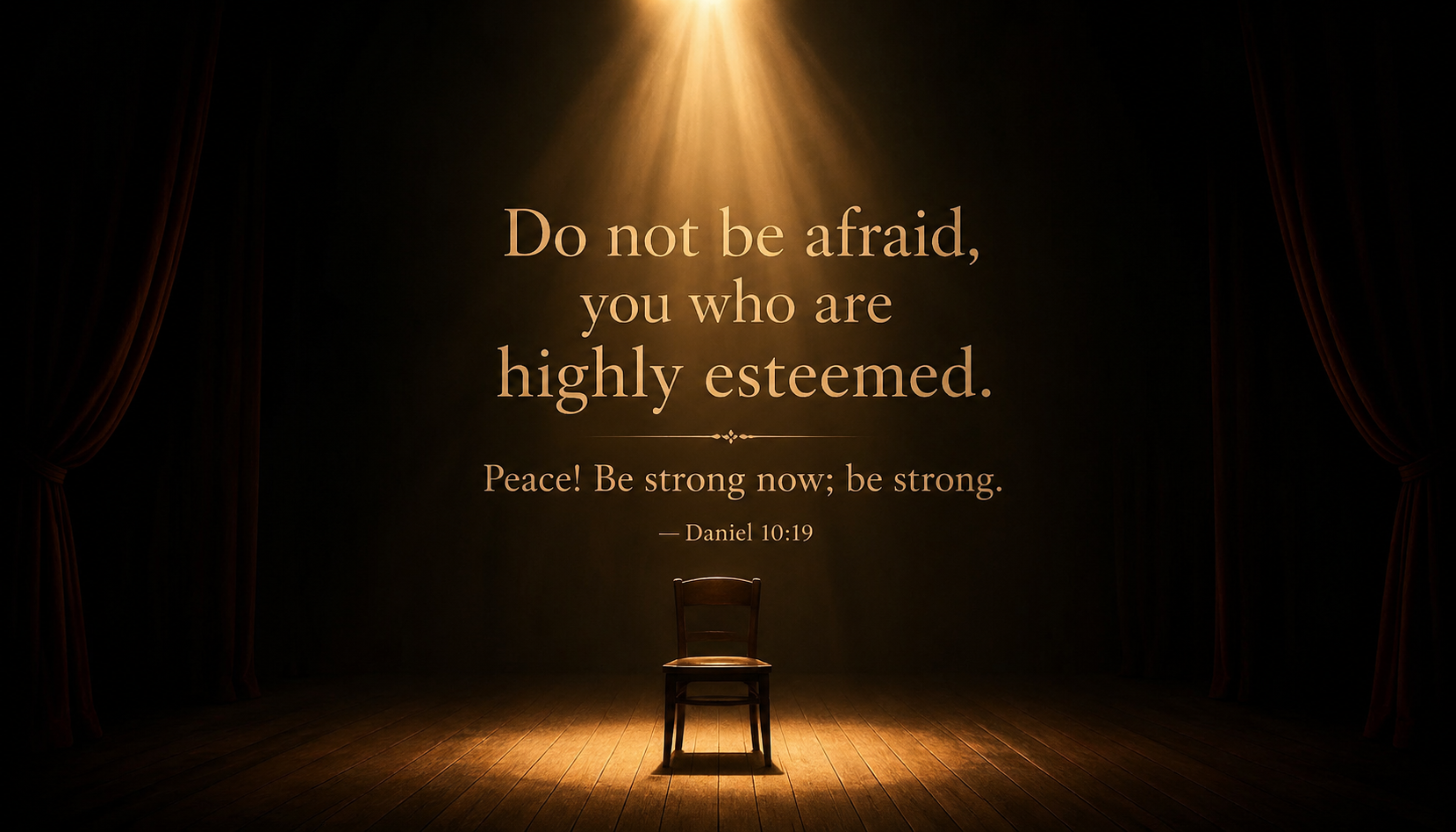 Bible verse wallpaper Daniel 10:19 with single spotlight on empty stage in dark theater with warm golden beam